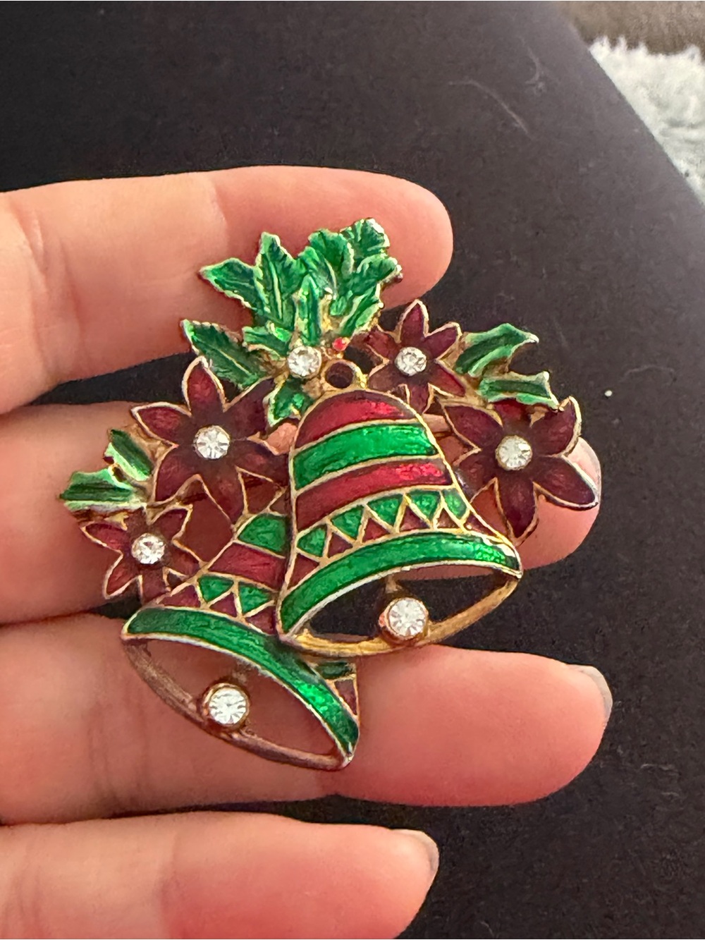 4/$100 Holiday Bell Enamel Brooch - Green & Red Christmas Pin
